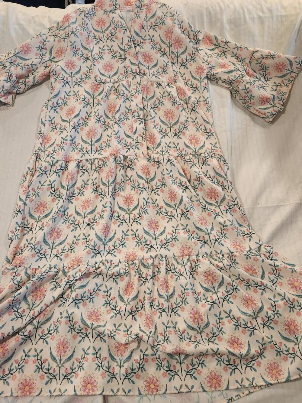 Discount Divas Cream Pink Floral Tiered Midi Dress Size Medium Made in USA